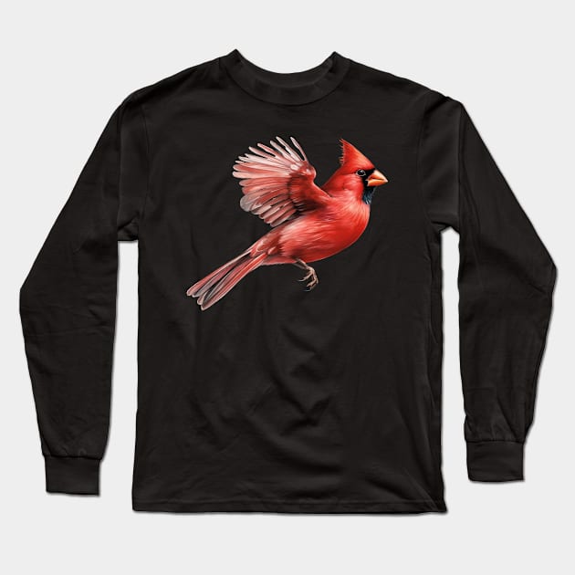 Flying Northern Red Cardinal Long Sleeve T-Shirt by The Jumping Cart